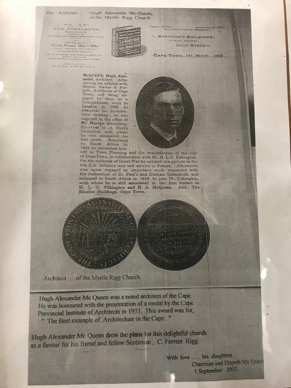Black and white photograph of an architectural document featuring a portrait of architect Hugh Alexander McQueen, along with two medals for architectural achievement, detailing his contribution to the design of the Myrtle Rigg Church.