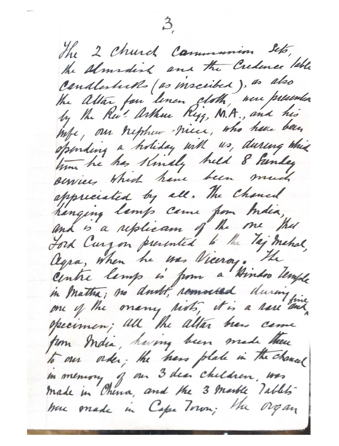 Page of handwritten notes discussing church furnishings and their origins, including details about the communion set, altar cloth, and hanging lamps.