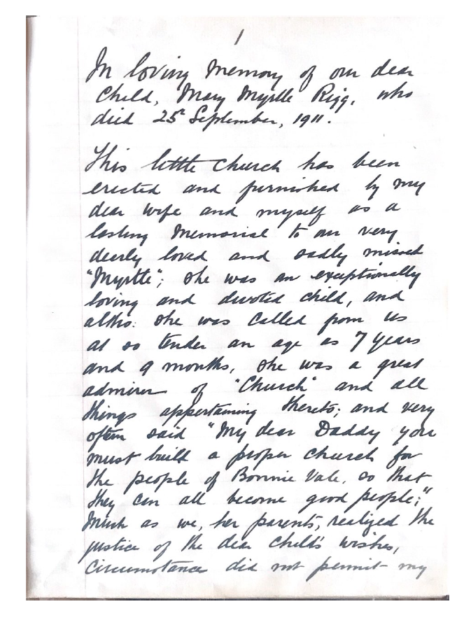A handwritten letter memorializing Mary Myrtle Rigg, detailing her life and the church built in her memory.