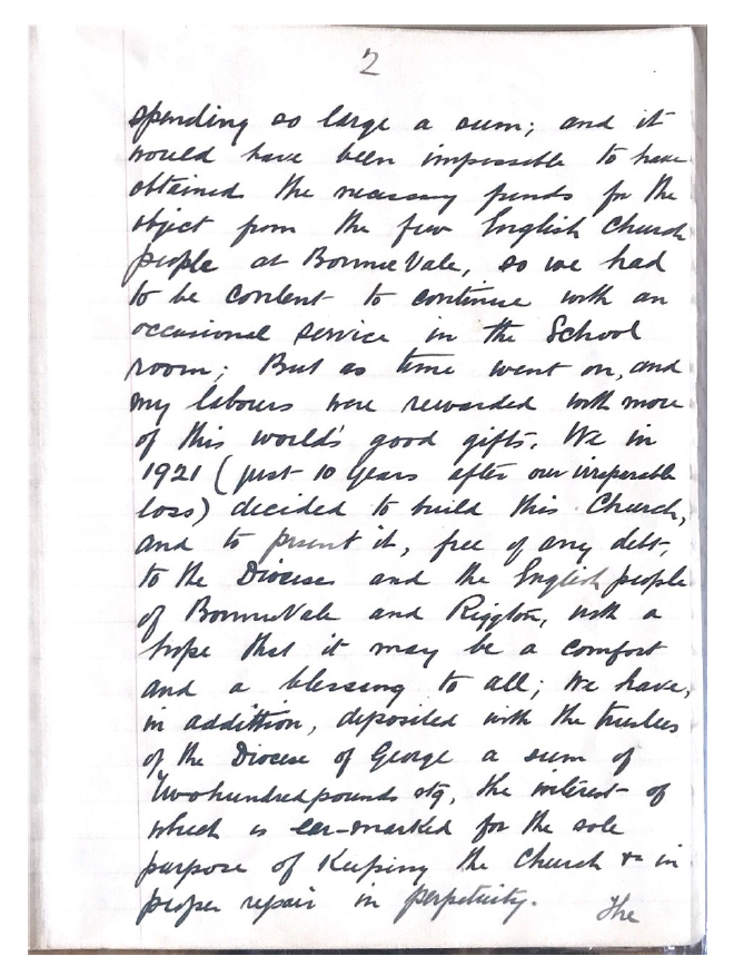 Handwritten page from a historical record detailing the intentions behind building a church in Bonnie Vale, including hopes for community blessings and future repairs.