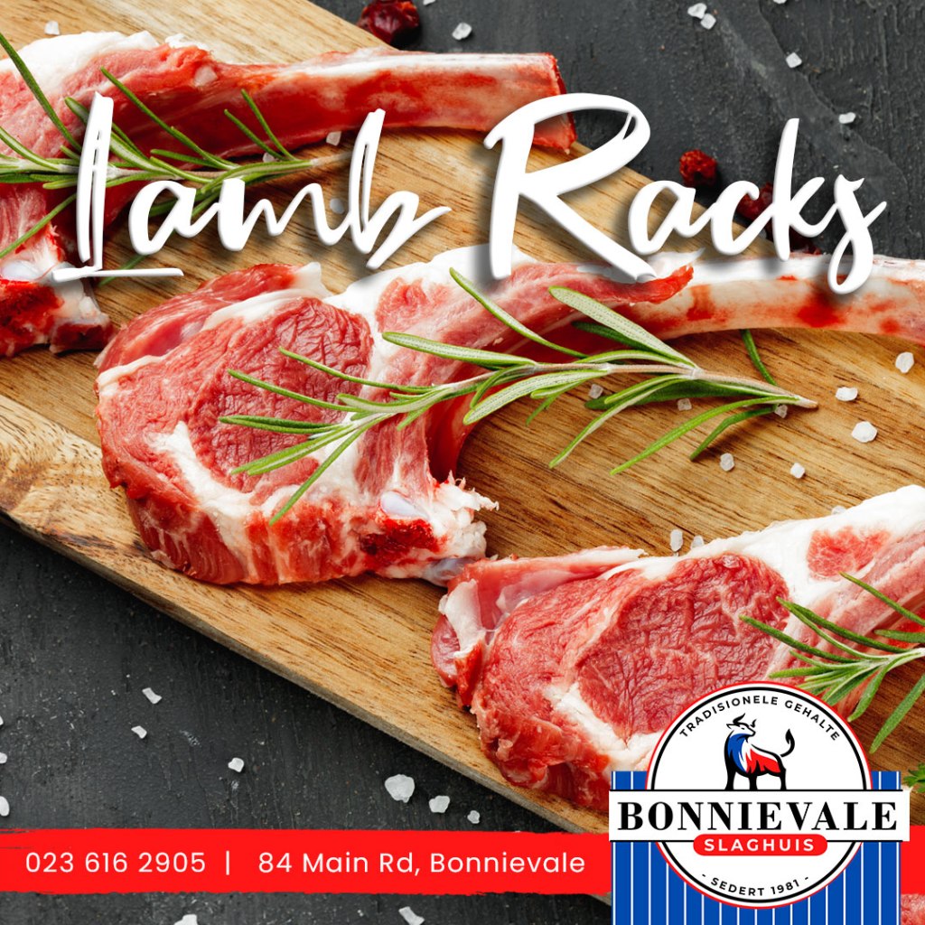 Fresh lamb racks arranged on a wooden cutting board, garnished with rosemary and coarse salt, featuring the 'Bonnievale Slaghuis' logo and contact information at the bottom.