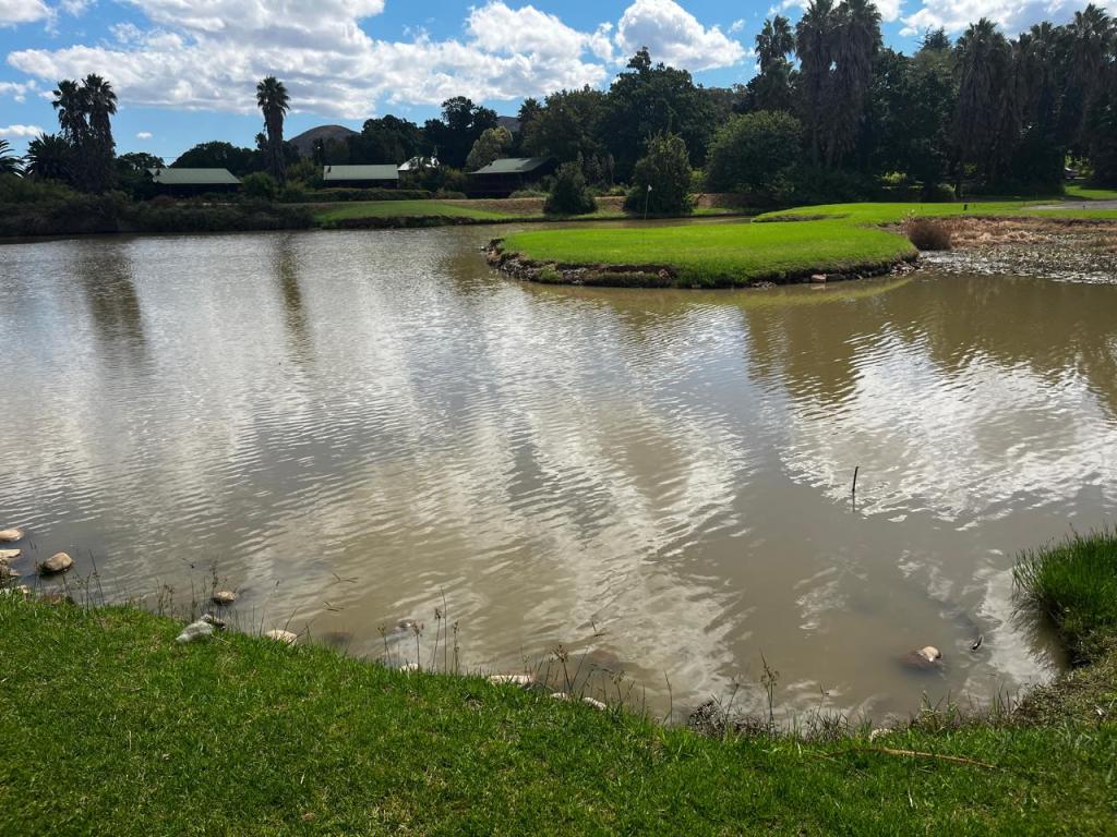A serene view of a dam surrounded by lush green grass, trees, and blue sky with clouds, showcasing the peaceful setting of Outdoor Arena Restaurant.