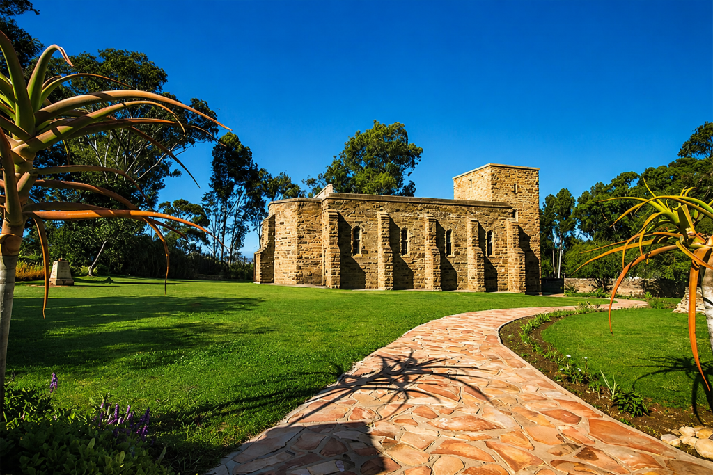 A historic stone building with arched windows surrounded by lush green grass and trees, featuring a winding pathway and aloe plants in the foreground.